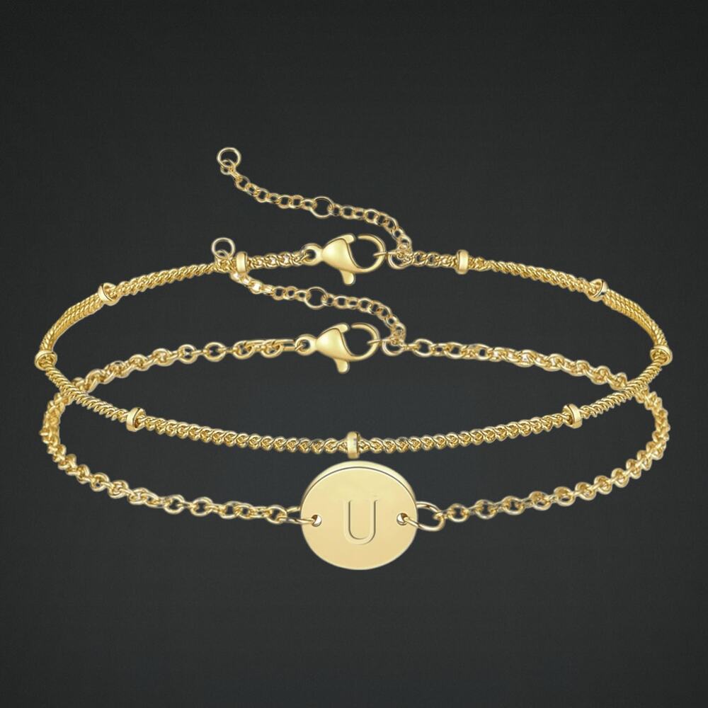 NEW Layered Gold Tone Initial “U” Bracelet Adjustable Chain Gift Ready